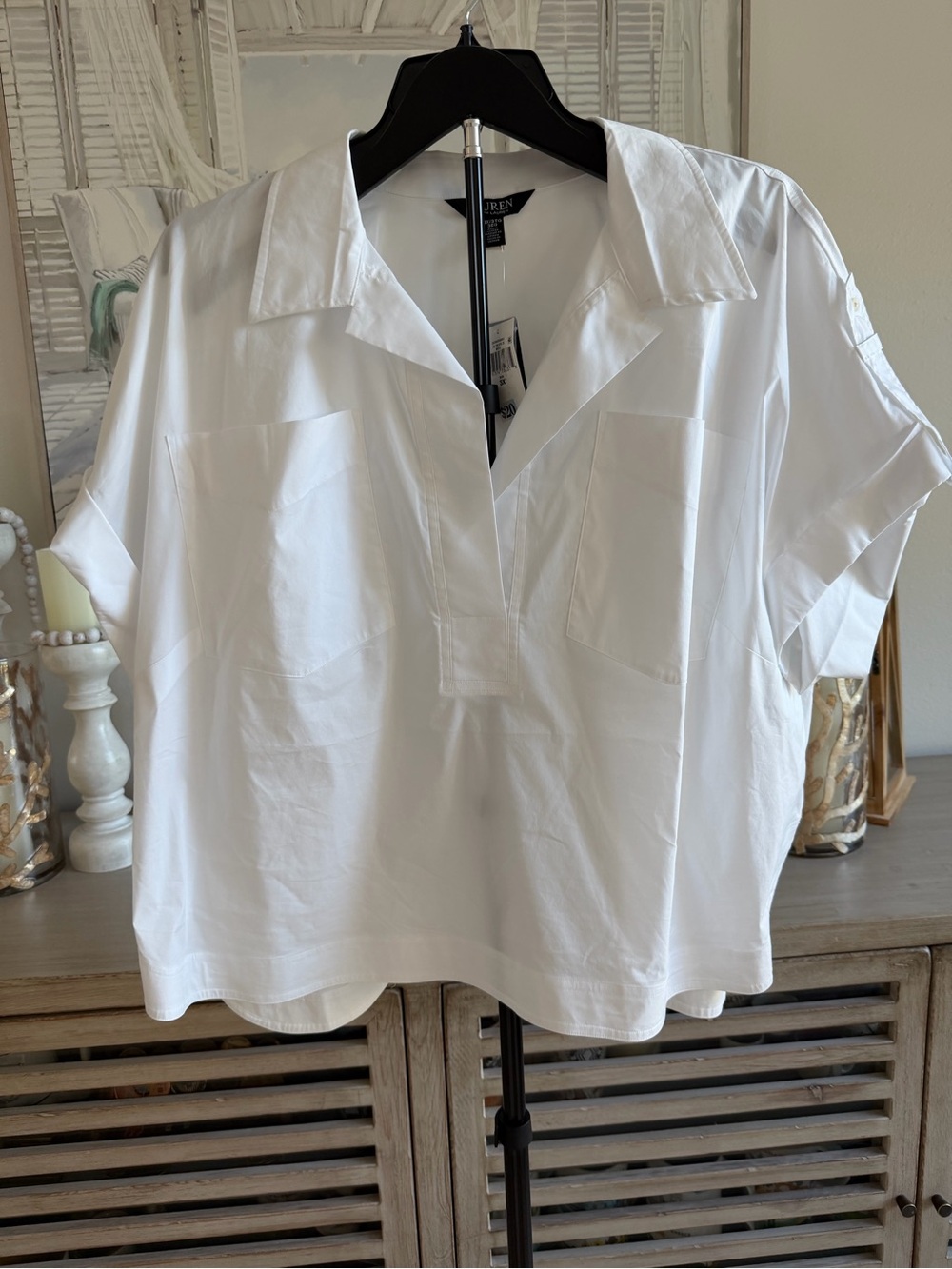 Lauren Ralph Lauren White V-Neck Camp Collar Short Sleeve Tunic